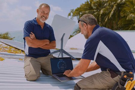 Technicians from Borderless Solutions verifying Starlink internet speed after successful installation in Victoria. Expert service across Melbourne and remote communities.