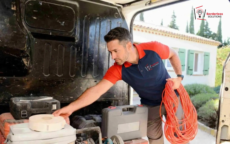 Borderless Solutions technician preparing high gain fringe array antenna equipment from service van - outer suburbs and rural TV reception