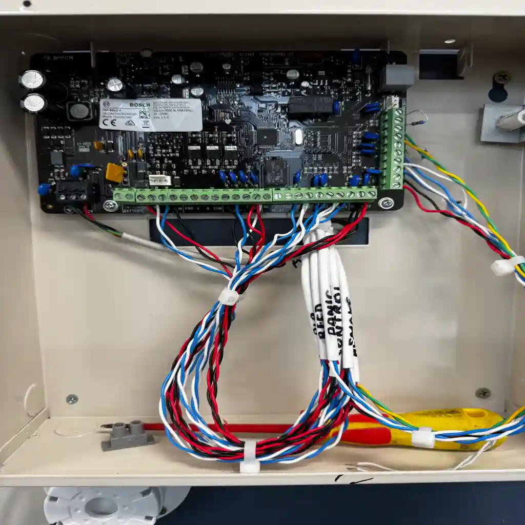 Alarm panel wired and labelled during a Melbourne installation