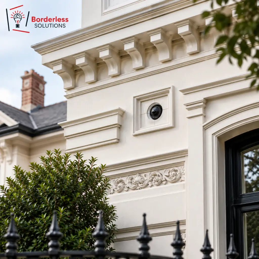 Discreet recessed security camera on a period facade in Toorak