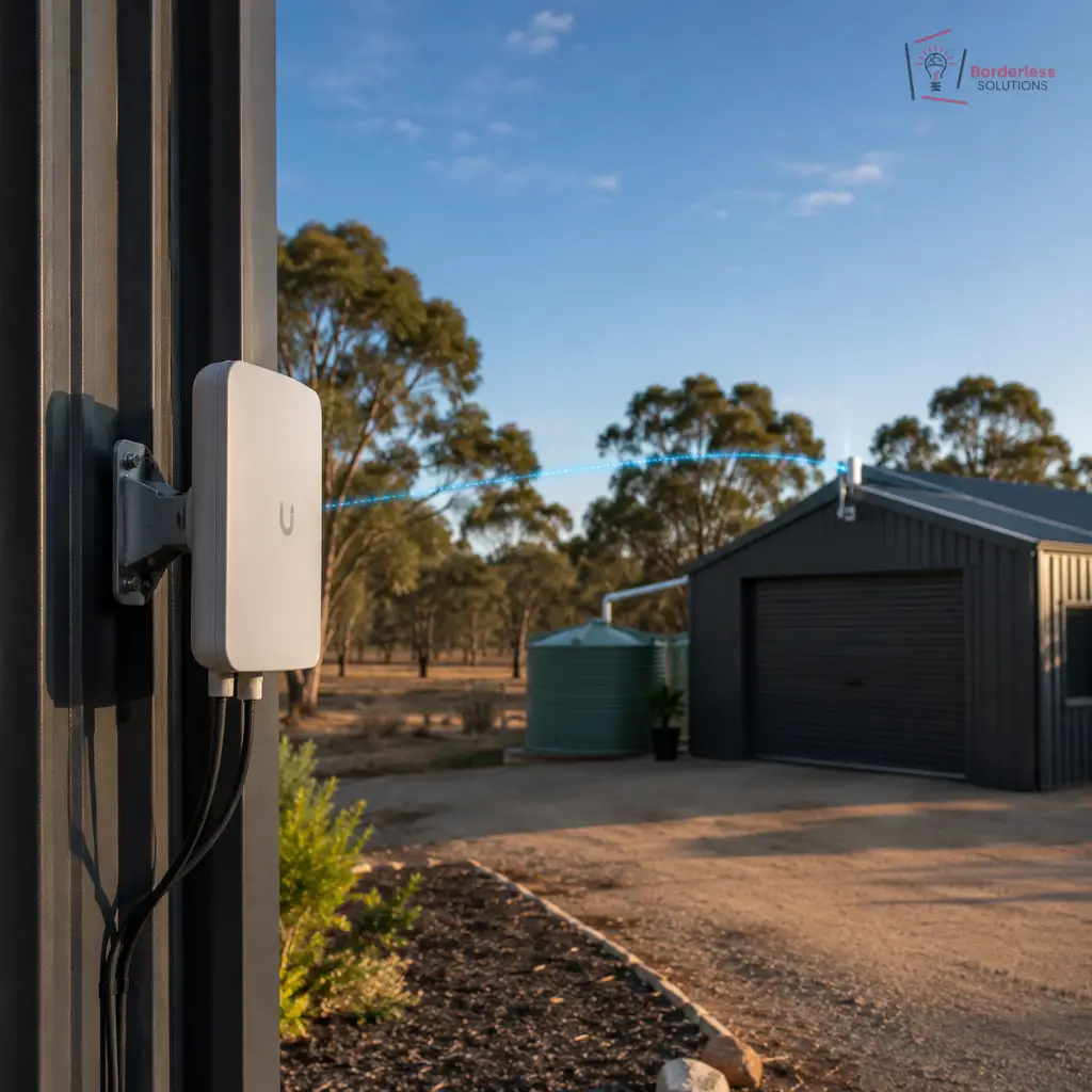 Wireless link mounted to carry the network out to a shed on a rural property