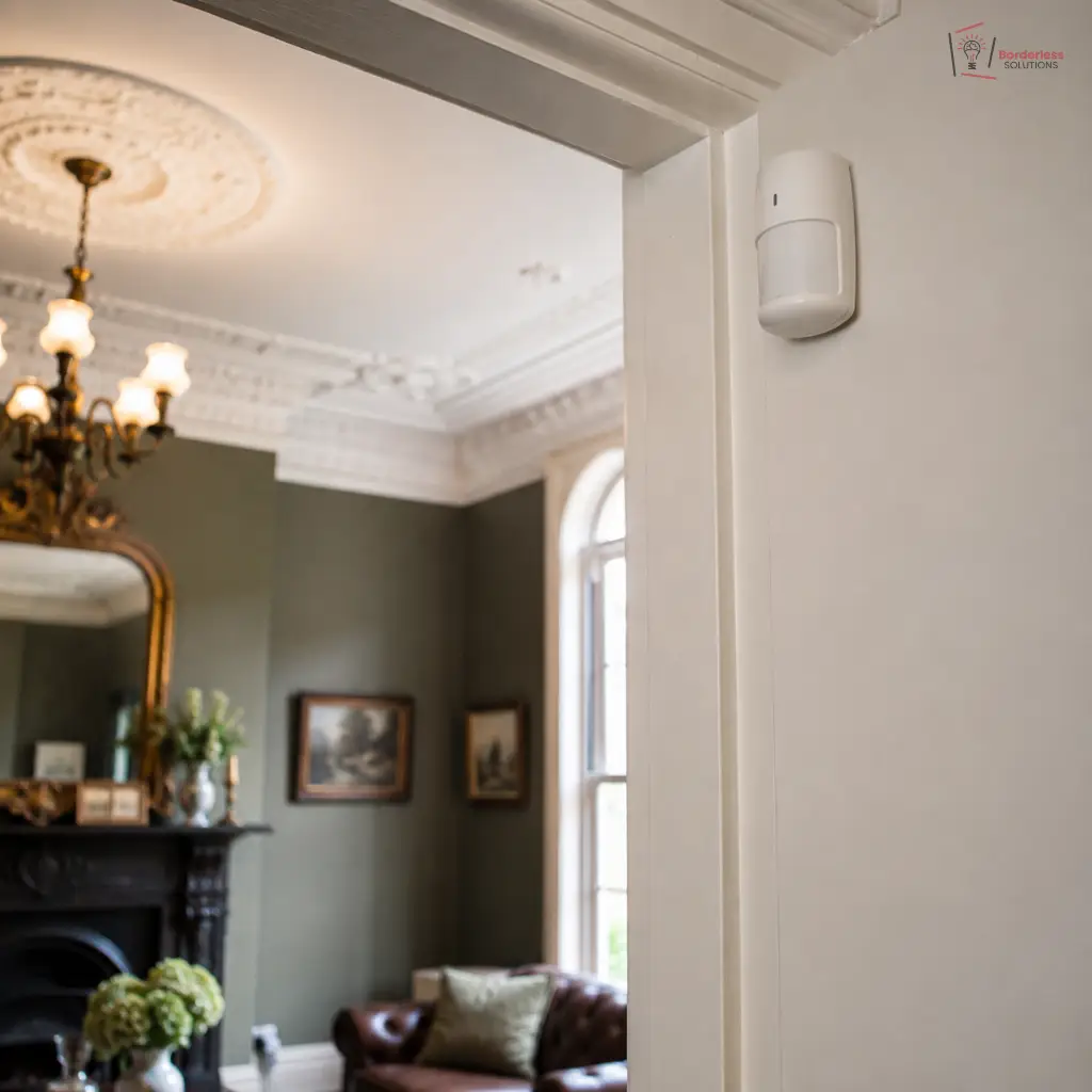 Wireless alarm sensor fitted discreetly in a period room in Kew
