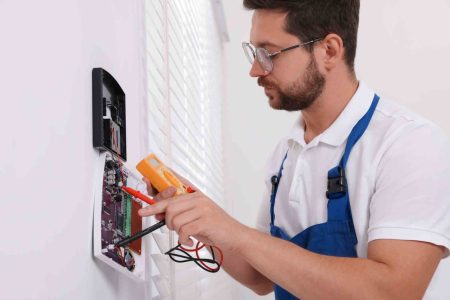 Technician using digital multimeter while installing home security alarm system on white wall indoors