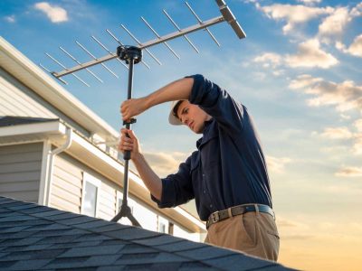 Technician installing a digital TV antenna on a residential rooftop under clear skies. Borderless Solutions offers expert digital antenna installation services throughout Melbourne, ensuring optimal signal quality, secure mounting, and professional alignment for seamless TV reception.