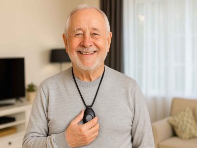 A smiling elderly man wearing a personal alarm pendant for emergency assistance at home in Melbourne. Borderless Solutions provides reliable and easy-to-use personal alarm systems for seniors and individuals in need of extra safety support.