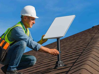 Professional installer setting up a Starlink satellite dish on a Melbourne residential rooftop. Borderless Solutions offers expert Starlink installation for high-speed internet connectivity across Melbourne homes and businesses.
