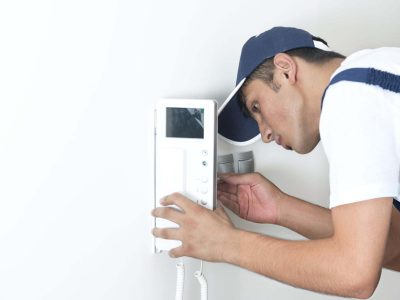 intercom-installation-melton Professional technician installing a wall-mounted intercom system in Melton. Borderless Solutions provides expert intercom installation, CCTV setup, access control, alarms, and smart home automation for residential and commercial security.